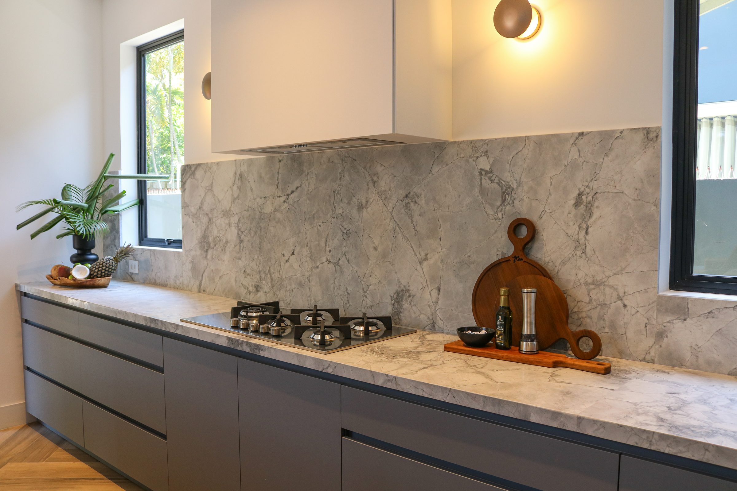 Casa Praia Mole, kitchen with palm and long counter